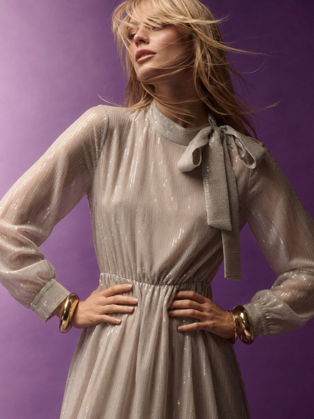 Y2K Festive Evening Quite Luxury Sequin Classic Midi Dress Long Sleeve Size M